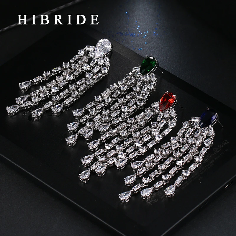 HIBRIDE Fashion Red Green Blue White Zircon Tassel Earring Rhodium Plated Women Earrings For Gifts E-56 - Image 6