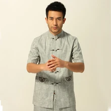 Summer New Solid Grey Cotton Line Mandarin Collar Casual Chinese Kong Fu Singel Breasted Shirts Tops Coats M- 3XL PM008