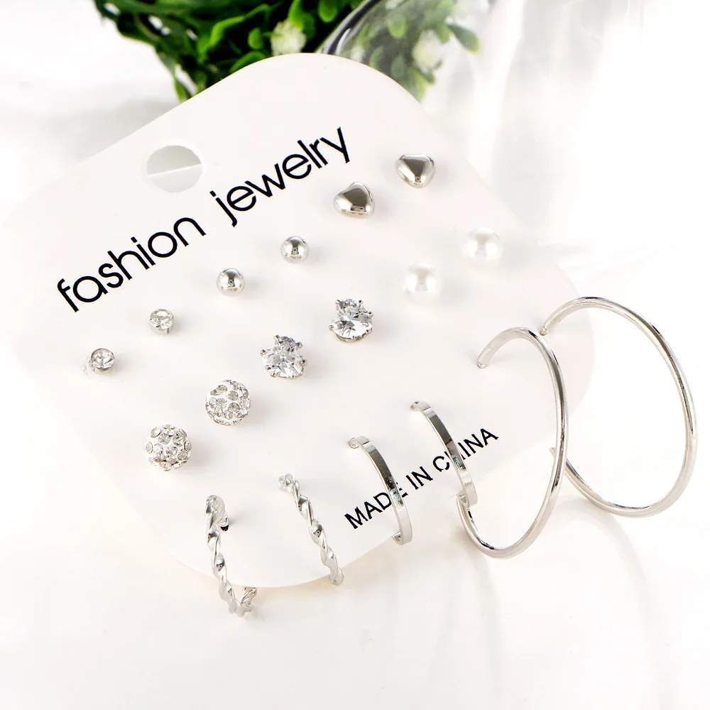 

Cross-border e-commerce Earrings Set rock exaggerated Earrings 9 earrings set crystal earrings combination
