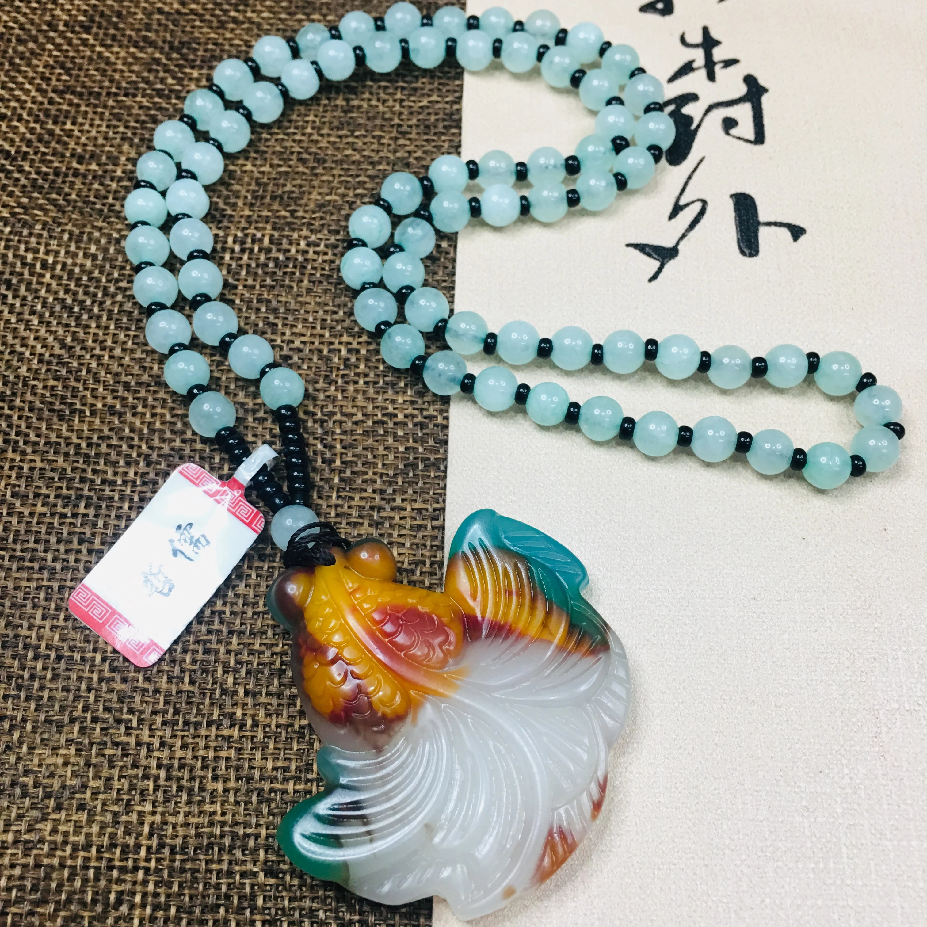 

Zheru Jewelry Pure Natural Colorful Jade Carved Blue Goldfish Pendant Three Color Jadeite Bead Necklace Send Class A Certificate
