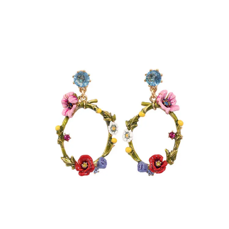

French Jewelry Paris New Flowers Series Large Circles Yu Mei Poppy Daisy Flowers Green Leaves Gem Women Stud Earrings
