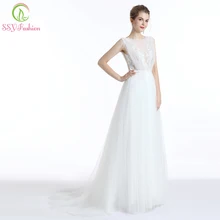 

SSYFashion New White Lace Evening Dress Soft Tulle Sweep Train Appliques Backless Sexy Prom Gown Travel Shooting Formal Dresses