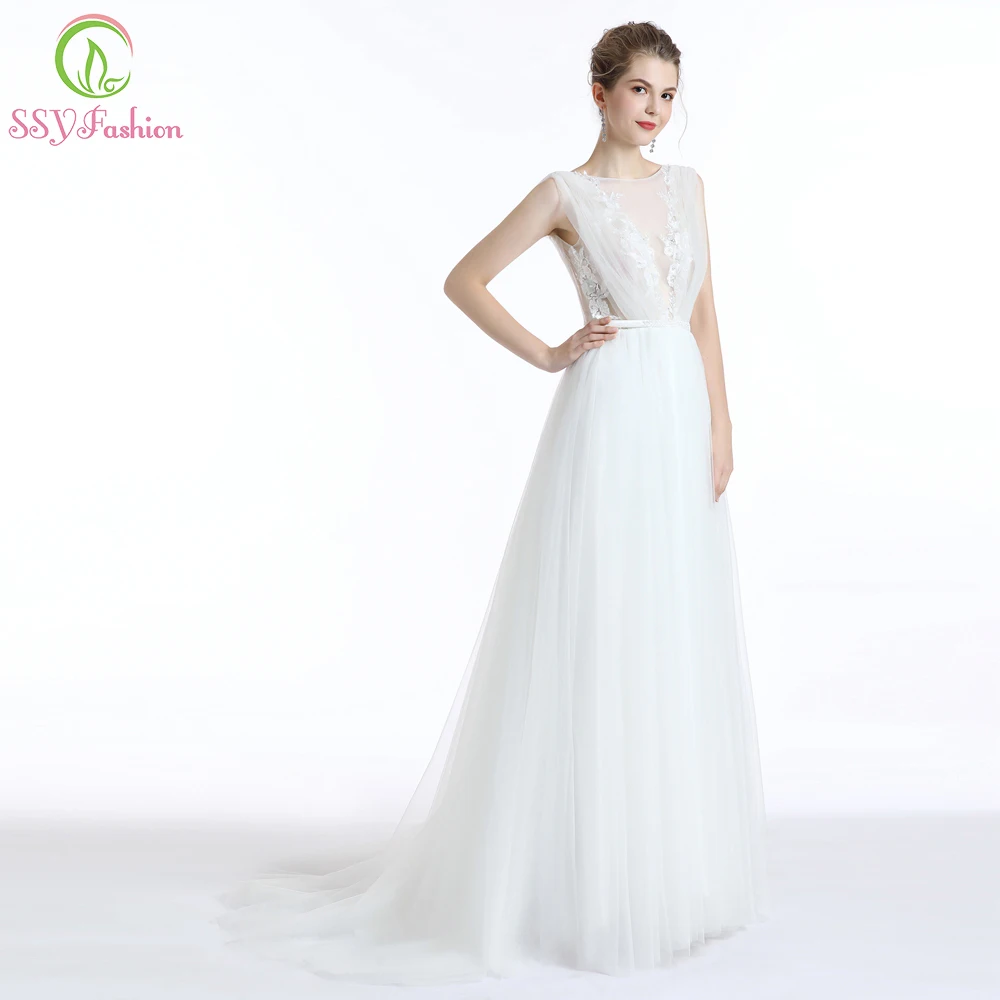 Кружевное Вечернее Платье SSYFashion белое мягкое Тюлевое с коротким шлейфом