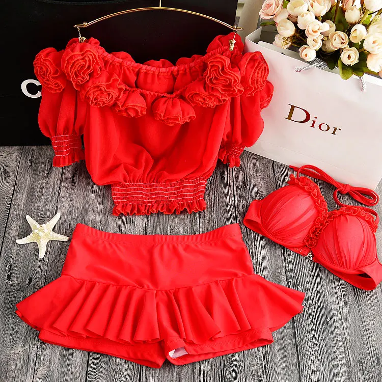 

New Halter Top Sexy 2017 Swimsuit Sexy Swimwear women summer dress Handmade Flower Bikinis women Swimsuit push up biquini women