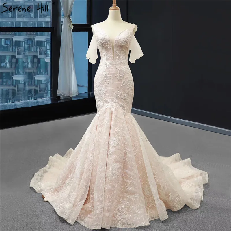 

V-Neck Short Sleeves Latest Design Wedding Dresses 2019 Mermaid Handmade Flowers Bridal Gown Real Photo HM66843 Custom Made