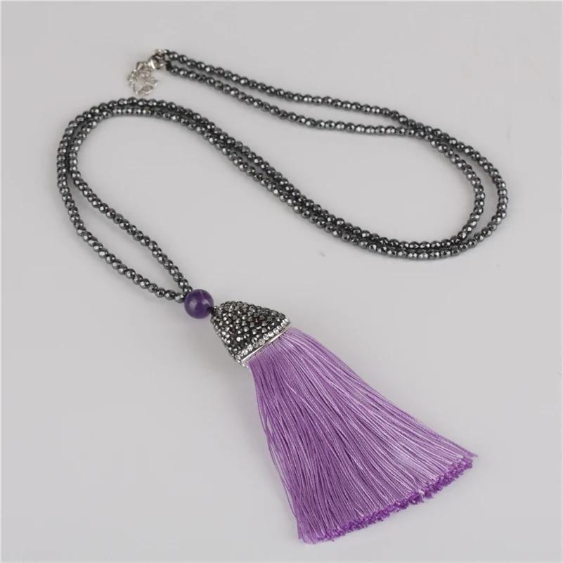 

Bohemia Boho Lilac Voilet Purple Silk Tassel Dangle Pendant with Faceted Hematite Energy Stone Beads Chain Necklace for Women