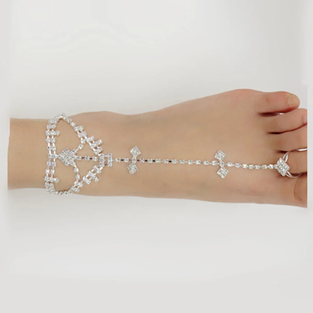 

Sparkling Crystal Rhinestone Woman Bridal Barefoot Anklet Toe Ring Beach Sandals Foot Chain Jewelry Silver