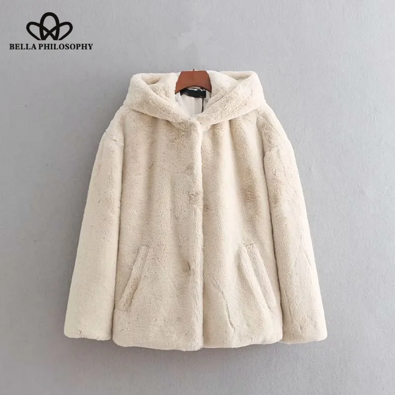 Wonder 2018 new autumn winter warm solid color hooded coat thick faux fur pockets long sleeve outerwear ladies casual jacket