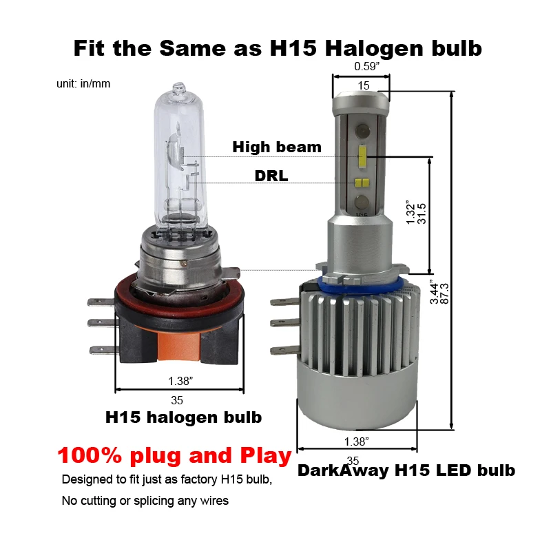 Darkaway H15 светодиодный фар 8000Lm 60 Вт/заданная величина высокое лампа накаливания с лучом света с can-bus Ошибка плата для автомобилей с напряжением 12 V 6000 K