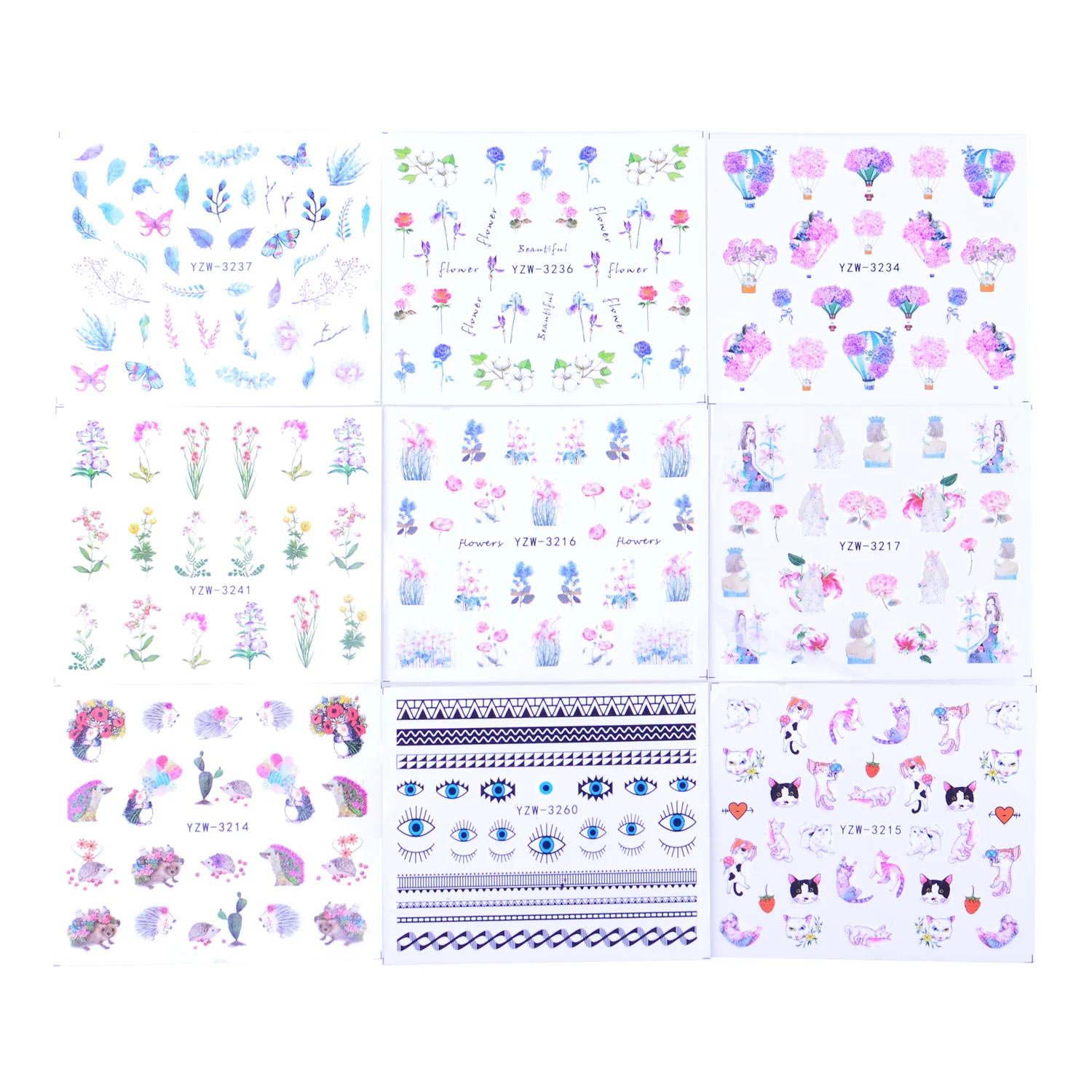 48pcs Watercolor Floral Flower Sticker Nail Decal Set Flamingo Letter Design Gel Manicure Decor Water Slider Foil