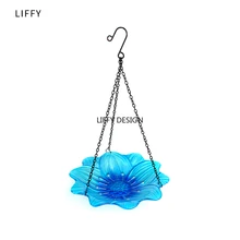 Hanging Bird Bath Blue Flower Glass Bowl Feeder fo