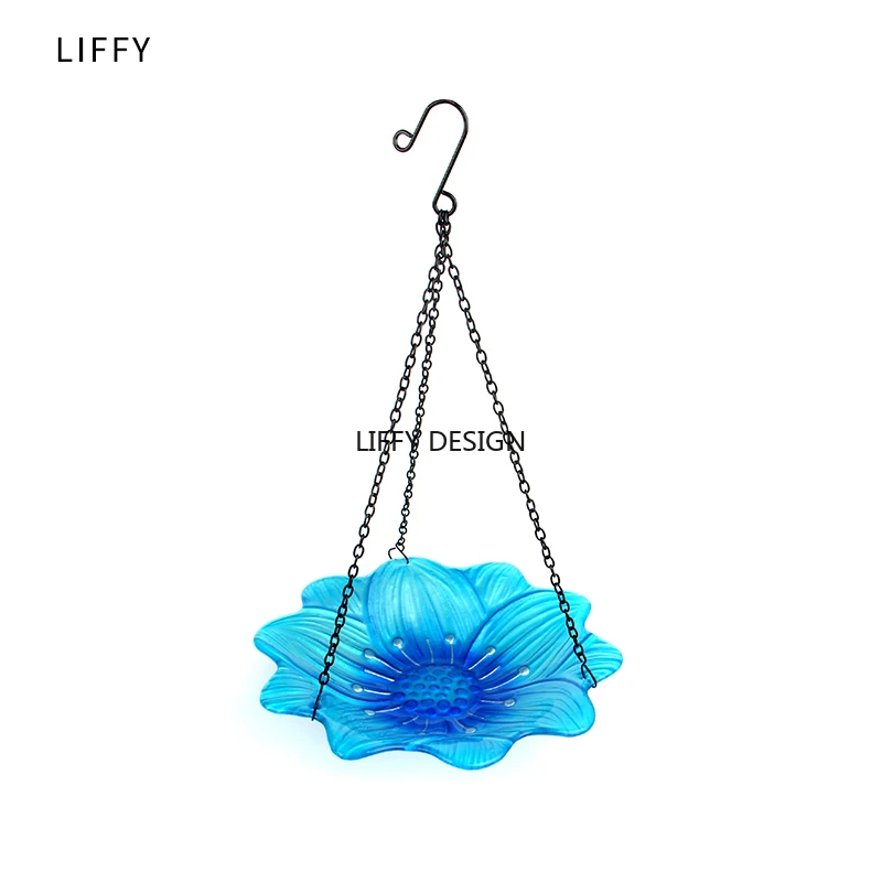 Liffy Hanging Bird Bath Blue Flower Glass Bowl Feeder for Garden Decoration Yard and Patio and Bathroom Accessories for Bird