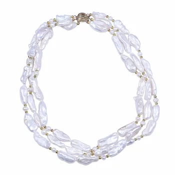 

2016 unique white biwa freshwater pearl necklace irregular flat baroque freshwater pearl 3 layers choker necklace women jewelry