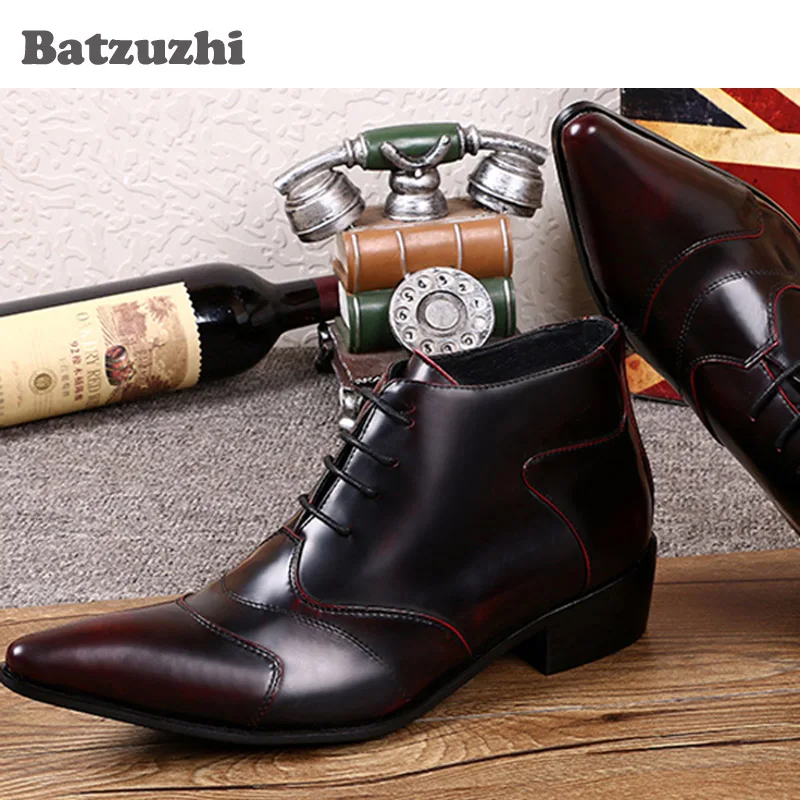 Homens personalizado Top Tornozelo Red Inicialização Cor Batzuzhi Alta Lace Sapatos Wine Couro Dos Ankle Moda Escova Up Boots Curto De Negócios daqtxRwXx