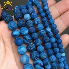 Cuentas de piedra Natural escarcha azul oscuro agrietado sueño fuego vetas de dragón ágatas cuentas para fabricación de joyería DIY pulsera 15 ''6/8/10mm