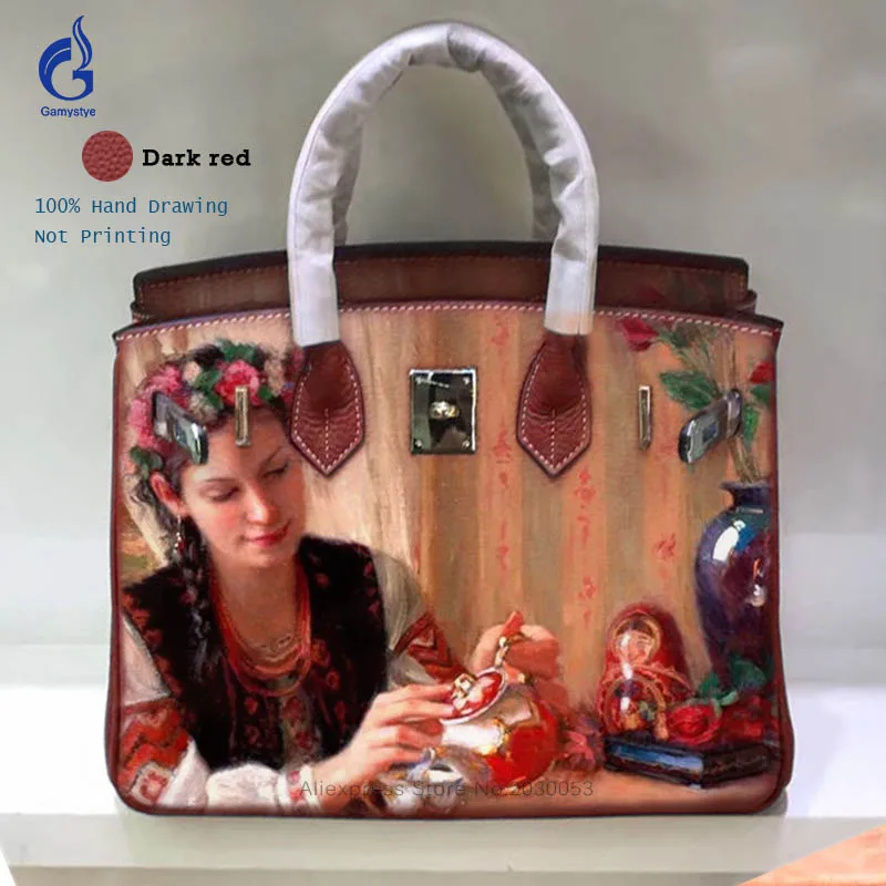 Gamystye Women Togo Leather Handbags 100% Genuine Leather Casual Totes High Quality Hand Painted Customize Bags Shoulder Bag Y