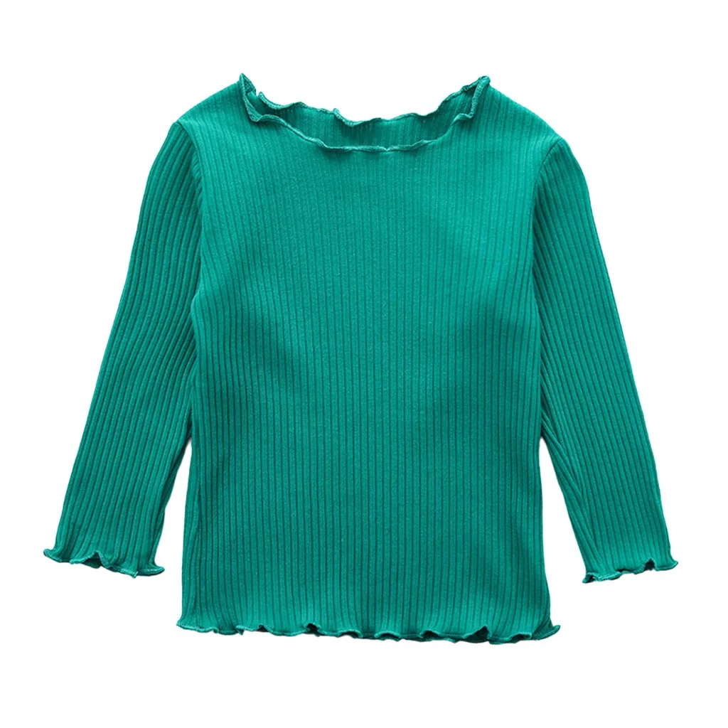 Одежда для маленьких девочек Детская осенняя Однотонная футболка с длинными рукавами футболка с волнистым краем для маленьких девочек топы, одежда