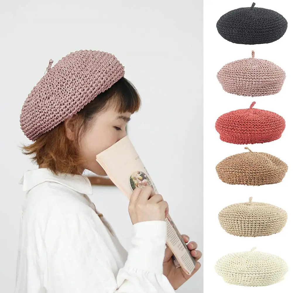New Women's Beret Spring And Summer Hat Straw Beret Breathable Adjustable Retro Literary Solid Color Painter Hat
