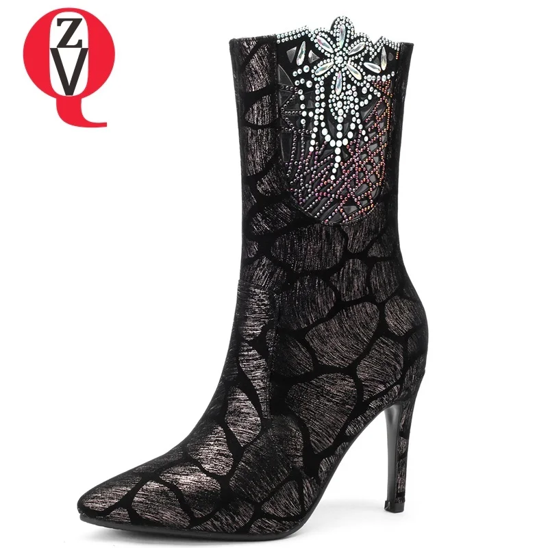 

ZVQ women shoes 2018 new fashion sexy pointed toe super high thin heels two colors crystal decoration kid suede mid calf boots