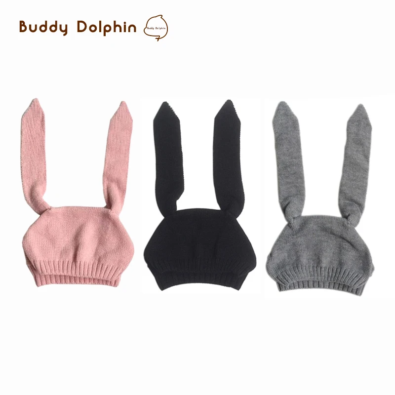 New Cotton Baby Cute Rabbit Ear Knitted Crochet Hats Toddler Winter Warm Beanie Caps Boy Girls Solid Color Hat For 0-3Y Old . | Детская