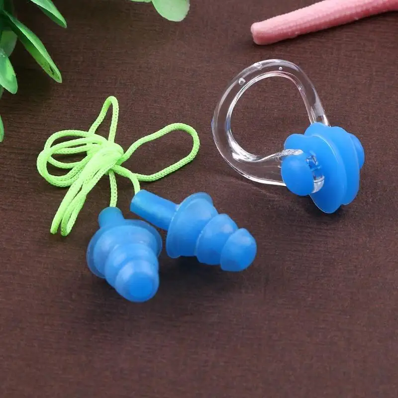 Soft Silicone Earplugs Set with Rope + Nose Clip Set for Summer Swimming Diving Water Sports Accessories for Adult Ear Plug