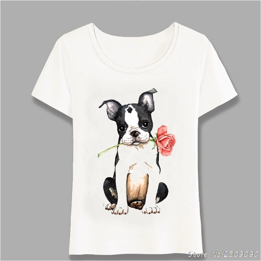 

New Women T Shirt Valentine Rose Pit Bull Dog Hip Hop T-Shirt Mini Schnauzer Boston Terrier Casual Tops Cute Girl Tees Harajuku