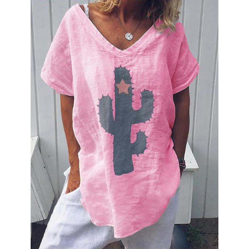 Summer Hot Popular Womens Casual  Plant Printing  Cotton Linen V Neck T Shirt Ladies Summer Baggy Short Sleeve Tops Blouse 2019
