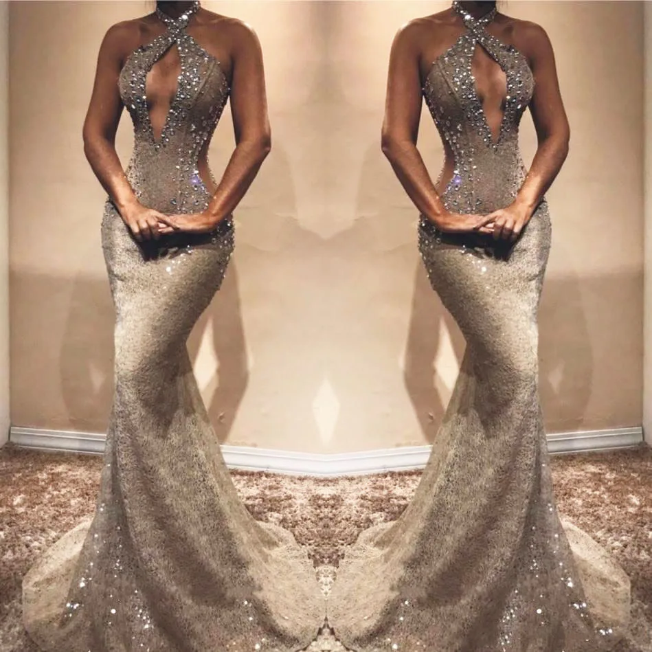 

Charming Halter Beaded Mermaid Sheer Sexy Prom Dress Vestidos Robe de soiree Graduation lady Party Wear Evening Gowns Backless