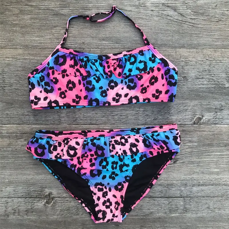 

leopard print girls bikini set 2018 children swimsuit 7-14 years girls swimwear falbala solid kids bikinis biquini 318