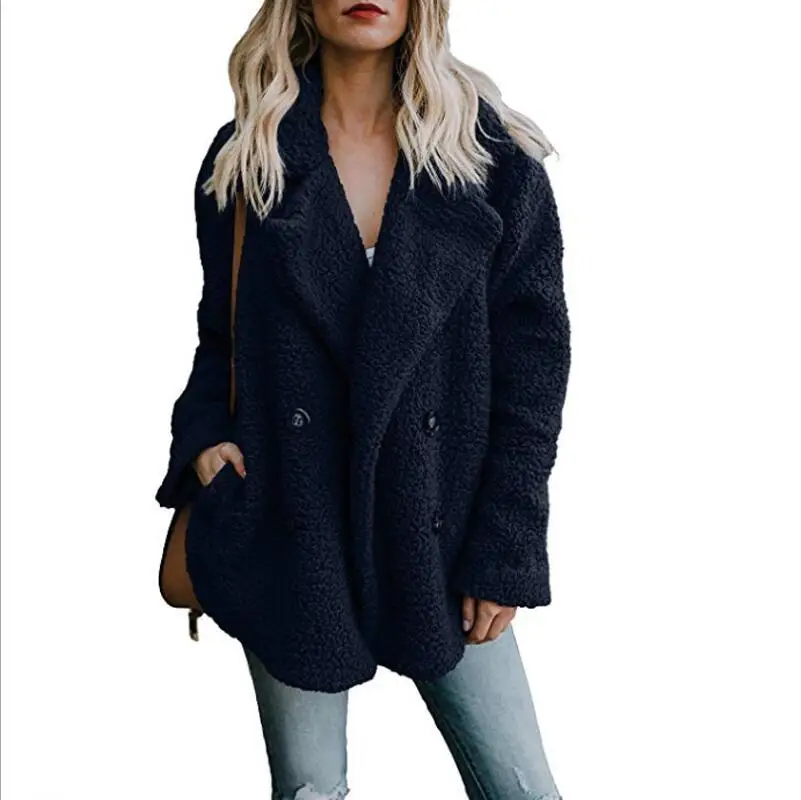 Зимнее однотонное пальто женское осеннее свободное теплое пальто с широким отворотом Женский Повседневный джемпер женское Свободное пальто из смеси шерсти для женщин - Цвет: Navy Blue