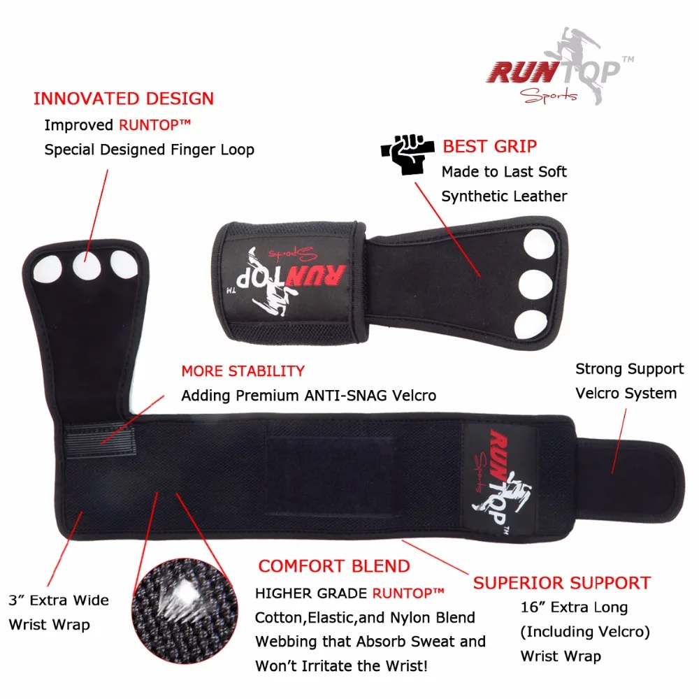Kopen RUNTOP Crossfit WODS Training Handschoenen Grip Pad Workout Gewichtheffen Lederen Hand Palm Beschermen Pols Wrap Brace Ondersteuning Bandjes