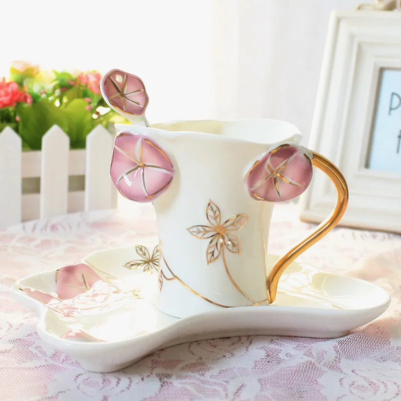 Эмалированные фарфоровые кофейные чашки и блюдца чайные ложки креативный подарок, чашки из костяного фарфора Semen Pharbitidis подарок на день Святого Валентина