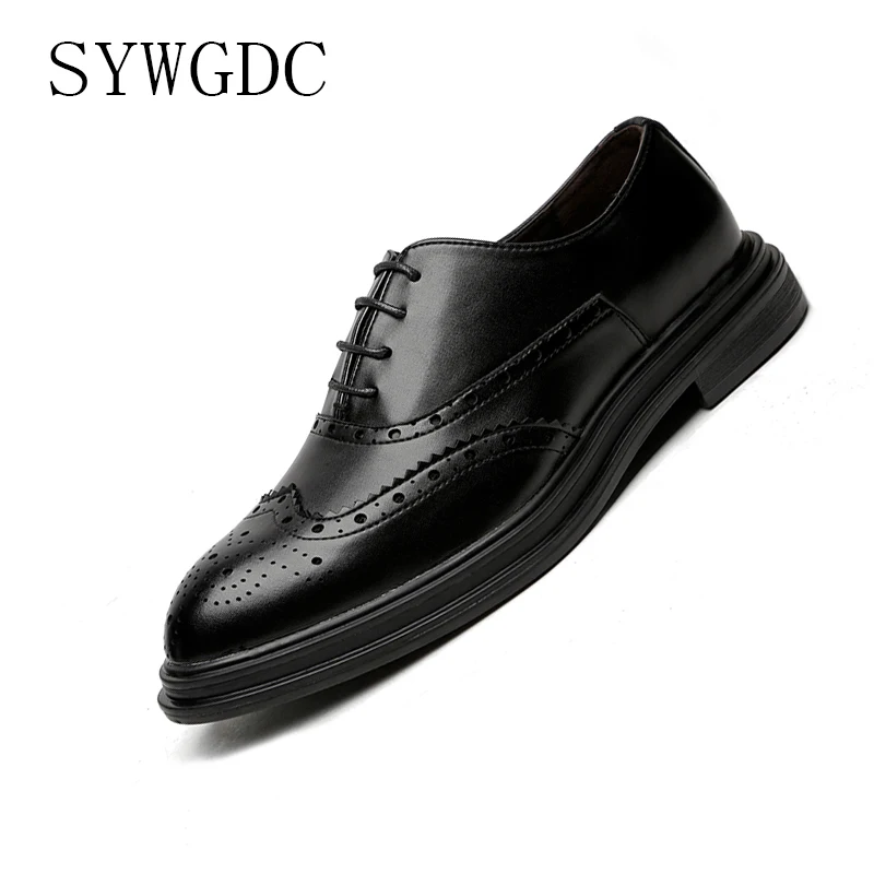 

SYWGDC 2019 Four Seasons Pointed Toe Men Formal Business Brogue Shoes Luxury Men's Dress Shoes Male Casual Leather Wedding shoe