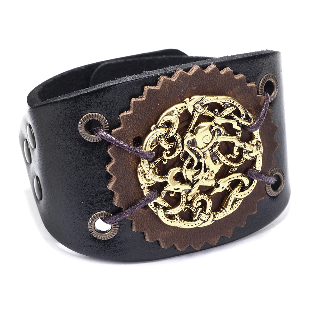 Charm Wrap Bracelets Totem Vintage Rivet Genuine Leather Bracelet for Women Bangles Cuff Wide Men Gift pulseras hombre | Украшения и