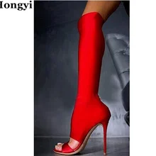 Hongyi Botas Mujer; цена; цвет красный, серый; эластичные тканевые сапоги до колена; сандалии-гладиаторы с открытым носком; женские сапоги