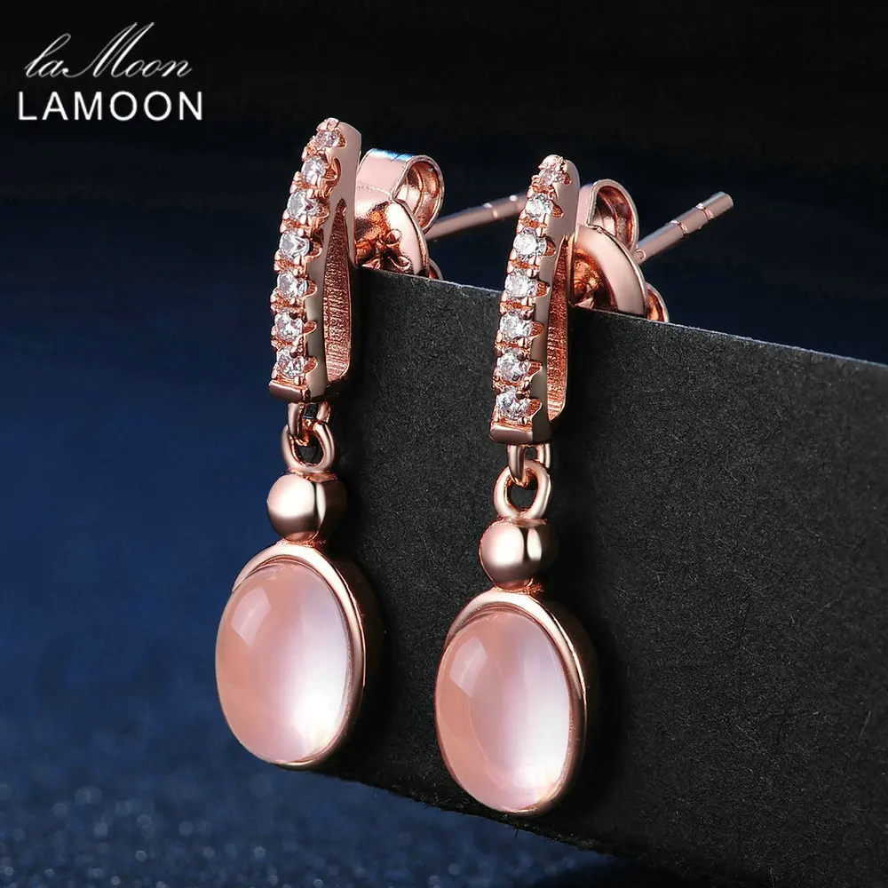 

LAMOON Women Drop Earrings 925 Sterling Silver Fine Jewelry 5x7mm Natural Pinks Rose Quartz Fashion Kaffa Earrings Oorbellen New