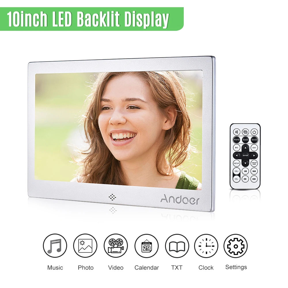 Andoer 1" LED Фоторамки 720 P видео/музыка/Календари/часы/TXT плеер 1024*600 разрешение металла Рамки w/Дистанционное управление