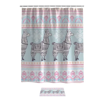 

Alpaca Flower Animal Ethnic Style Decoration Bathroom Mat With Shower Curtain Bathroom Decor Set Modern Rings Women House Home