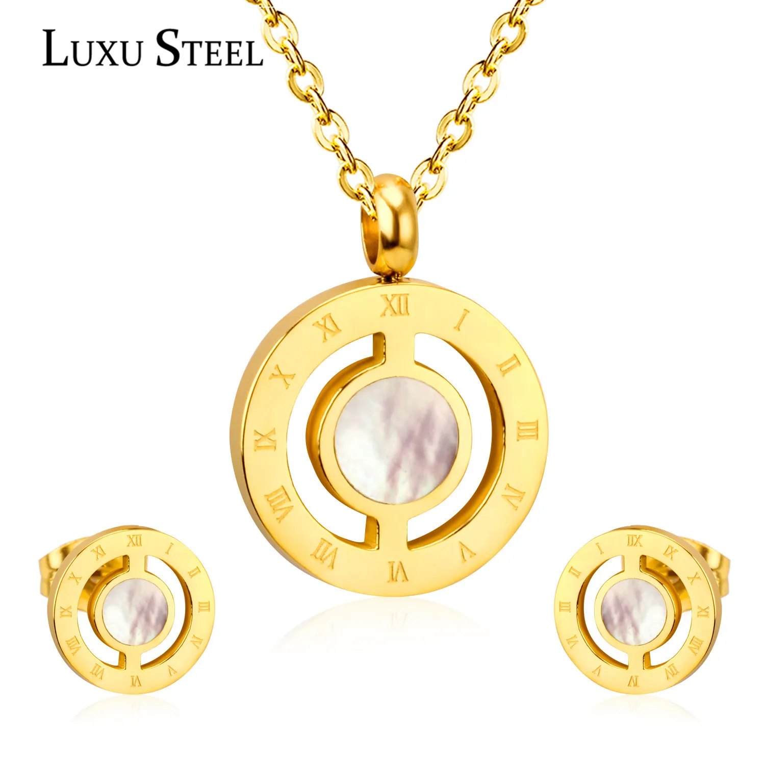 

LUXUSTEEL New Round Shell And Carving Romal Numeral Hollow Out Necklace Earring Sets For Women Wedding Jewelry Sets