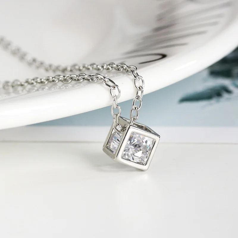 2017 New Fashion Crystal Zircon Cube Box Pendant Necklace For Women Jewelry Gold Color Silver Chain Necklaces Wholesale | Украшения и