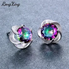 RongXing мистическое Радужное круглые циркониевые серьги-гвоздики для женщин 925 Серебро Многоцветный CZ модные серьги Ear0029