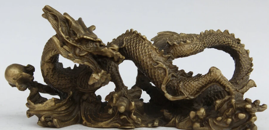 

8" Chinese Folk Brass FengShui Zodiac Year Fly Dragon Play Bead Animal Statue S0706 B0403