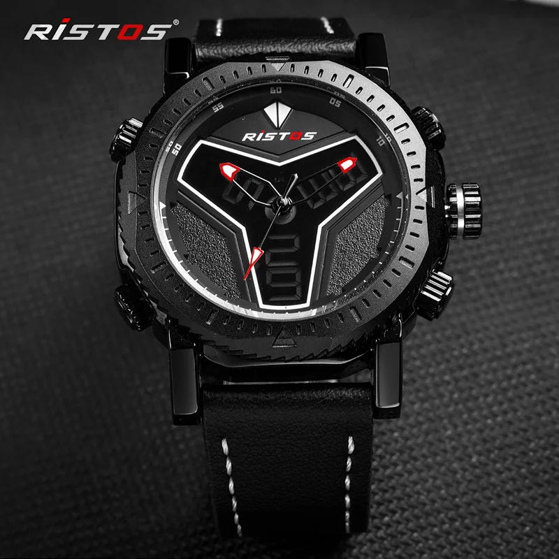 

RISTOS Men Fashion Sports Quartz Watch Multifunction Leather Watches Reloj Masculino Hombre Analog LED Movement Wristwatch 9341
