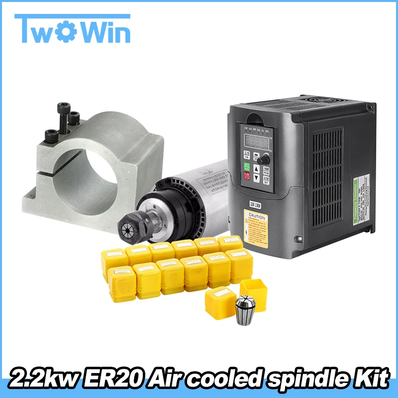 

2.2KW Air Cooled Spindle Kit CNC 2.2KW Machine Tool Spindle Motor + 220V Inveter + 80mm Clamp + 13pcs ER20 Collet