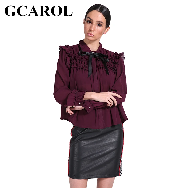 Achat GCAROL 2018 Nouvelle Arrivée Femmes Bowknot Ruches Blouse OL Élégant Chemise Haute Qualité Doux Tops Pour 4 Saison