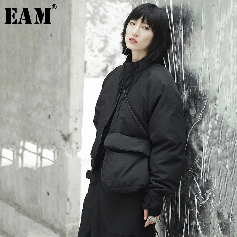 

[EAM]2019 New Spring Stand Collar Black Single Pocket Stitch Large Size Warm Cotton-padded Coat Women Jacket Fashion JI51