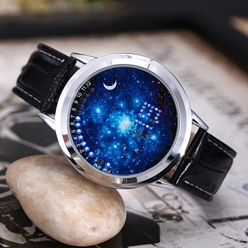 

LED Touch Screen Watch Unique Cool Watch Simple Starry sky Dial Soft Black Leather Strap Relogio Masculino Relojes Hombre montre