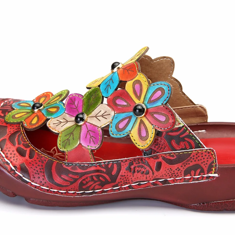 Vintage Printed Round Toe Slippers Women Shoes Genuine Leather Summer Bohemian Beach Lady Slides Flower Casual Shoe Woman Sandal (11)