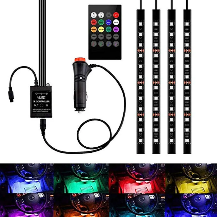 

Car Interior Lights 4pcs 72 LED DC12V Multicolor Music LED Strip Light with Sound Active Function and Wireless Remote Control