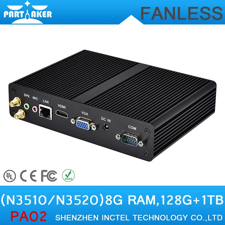  8G RAM 120G SSD 1TB HDD Smallest Embedded Fanless PC computer with Intel Quad Core N3510 2.00 GHz HDMI 2 COM ports 